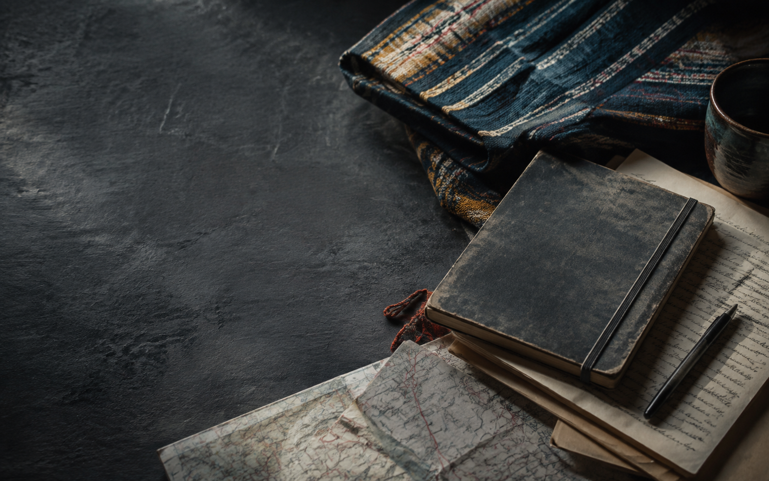 Notebook, map, and woven textile on a dark surface